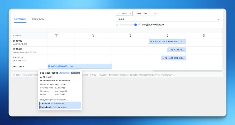 The LiteTMS orders calendar with vehicles in rows, orders as bars on a timeline, and an order summary card showing time windows and stops