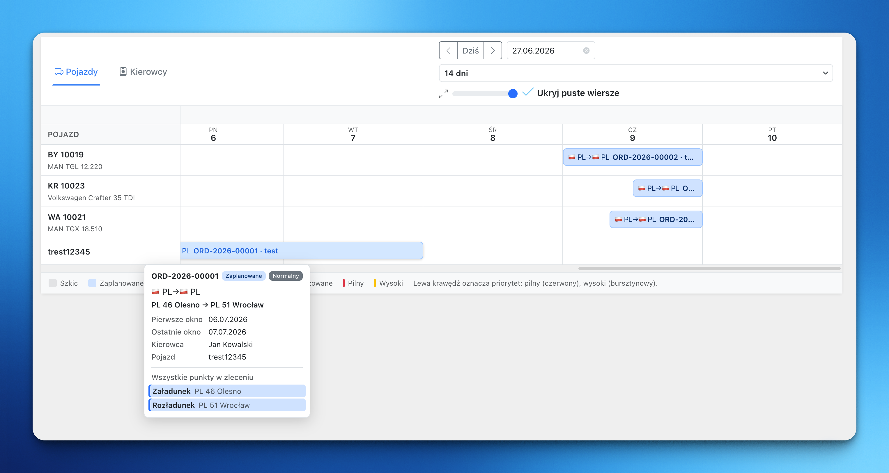 The LiteTMS orders calendar with vehicles in rows, orders as bars on a timeline, and an order summary card showing time windows and stops