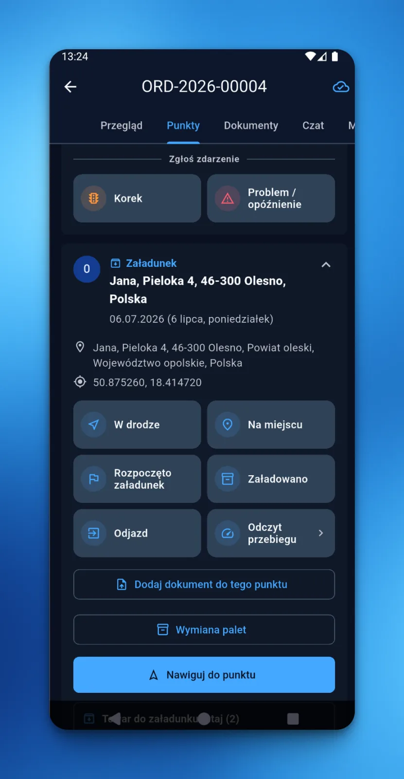 Punkt załadunku w aplikacji LiteTMS Kierowca z kafelkami statusów w drodze, na miejscu, rozpoczęto załadunek, załadowano i odjazd oraz osobną sekcją zgłaszania korka lub problemu