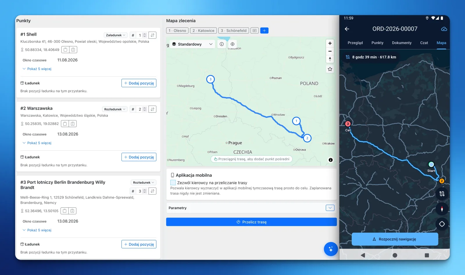 Planer trasy LiteTMS obok mapy w aplikacji mobilnej z tą samą trasą przez trzy punkty