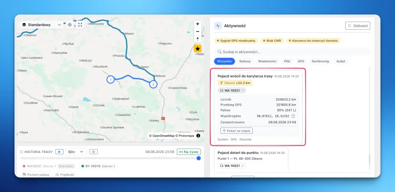 LiteTMS order screen with a map of the planned route and its corridor, next to an activity log entry about the vehicle returning to the route corridor
