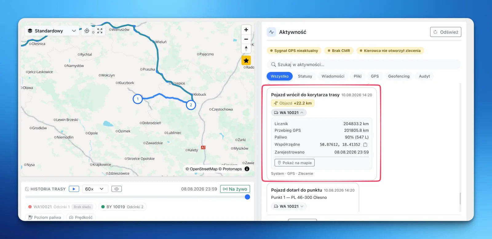 LiteTMS order screen with a map of the planned route and its corridor, next to an activity log entry about the vehicle returning to the route corridor