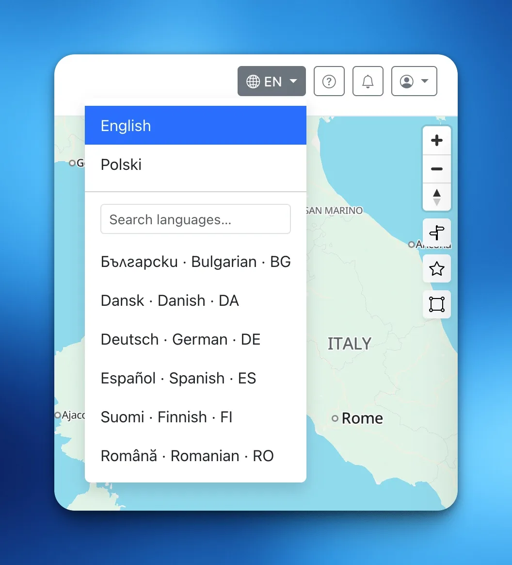LiteTMS language switcher open over a map, showing English, Polski and a searchable list of more interface languages