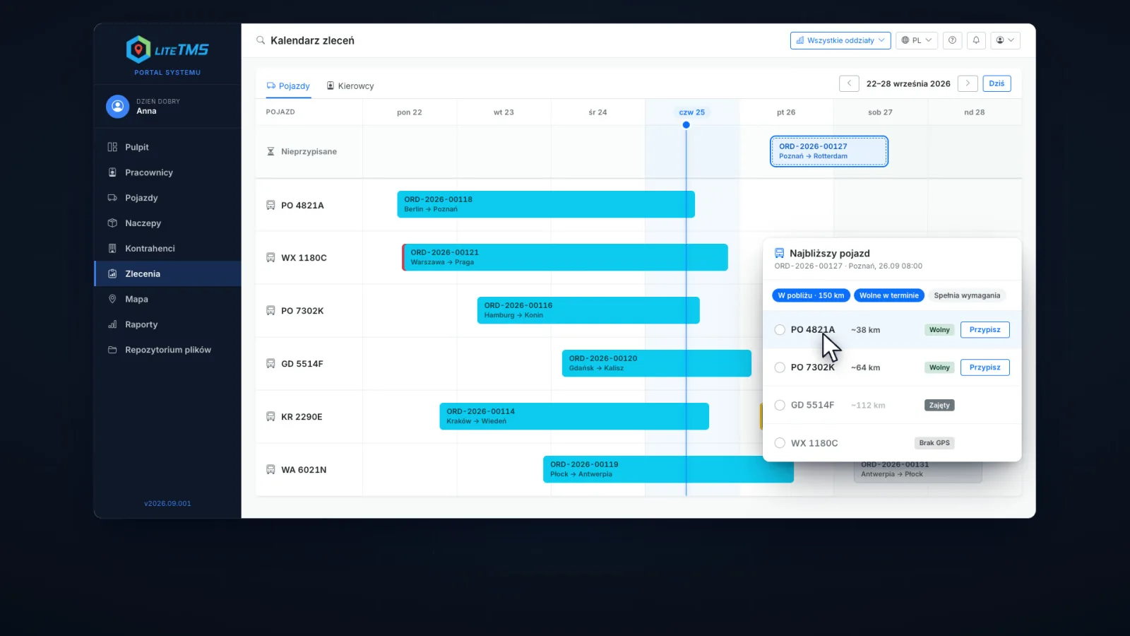 Illustrative LiteTMS order calendar with the Nearest vehicle panel, where two free trucks near the loading point each have an Assign button.