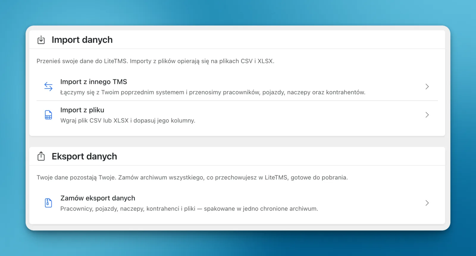 Налады LiteTMS з імпартам з іншай TMS, імпартам файлаў CSV ці XLSX і запытам на экспарт даных кампаніі