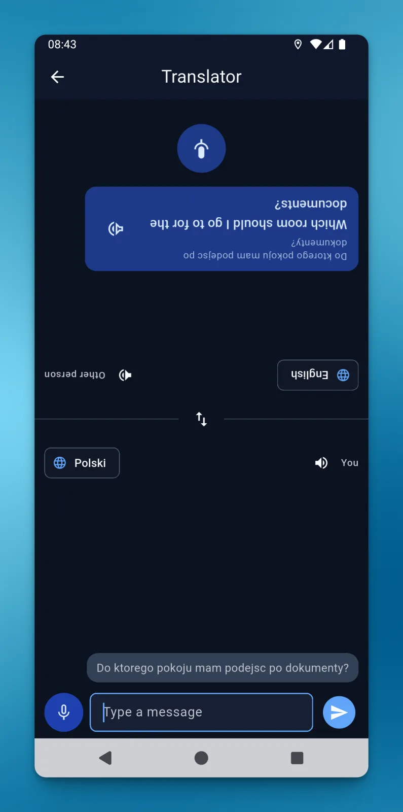 Перакладчык LiteTMS Driver, які паказвае пытанне на польскай мове аб атрыманні дакументаў і пераклад на англійскую мову, павернуты да суразмоўцы