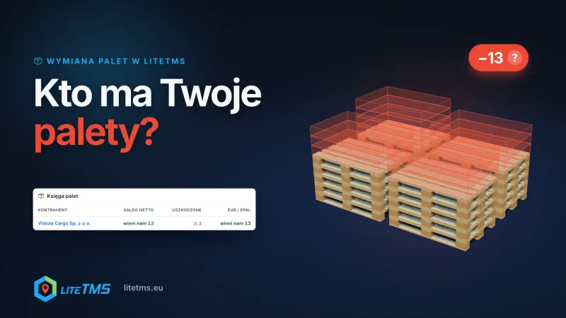 Ілюстрацыйная графіка LiteTMS: штабелі палет EUR з трынаццаццю чырвонымі контурамі на месцы адсутных палет, значок «-13 ?», загаловак «Kto ma Twoje palety?» і радок рэестра палет для тэставага кантрагента Vistula Cargo Sp. z o.o. з тэкстам «winni nam 13» і 2 пашкоджанымі палетамі. Тэставыя даныя.