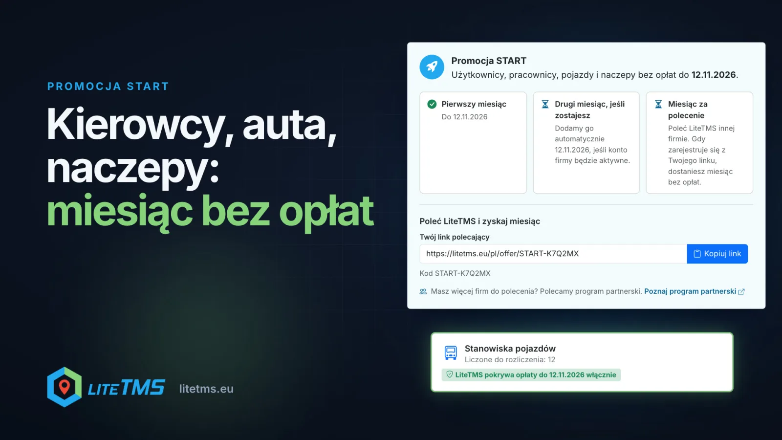 Poglądowa grafika LiteTMS: karta Promocja START ze strony Rozliczenia i użycie z pierwszym miesiącem, drugim miesiącem i miesiącem za polecenie, przykładowym linkiem polecającym START-K7Q2MX i poleceniem programu partnerskiego, kafelek Stanowiska pojazdów z oznaczeniem „LiteTMS pokrywa opłaty do 12.11.2026 włącznie” oraz hasło „Kierowcy, auta, naczepy: miesiąc bez opłat”. Dane przykładowe.